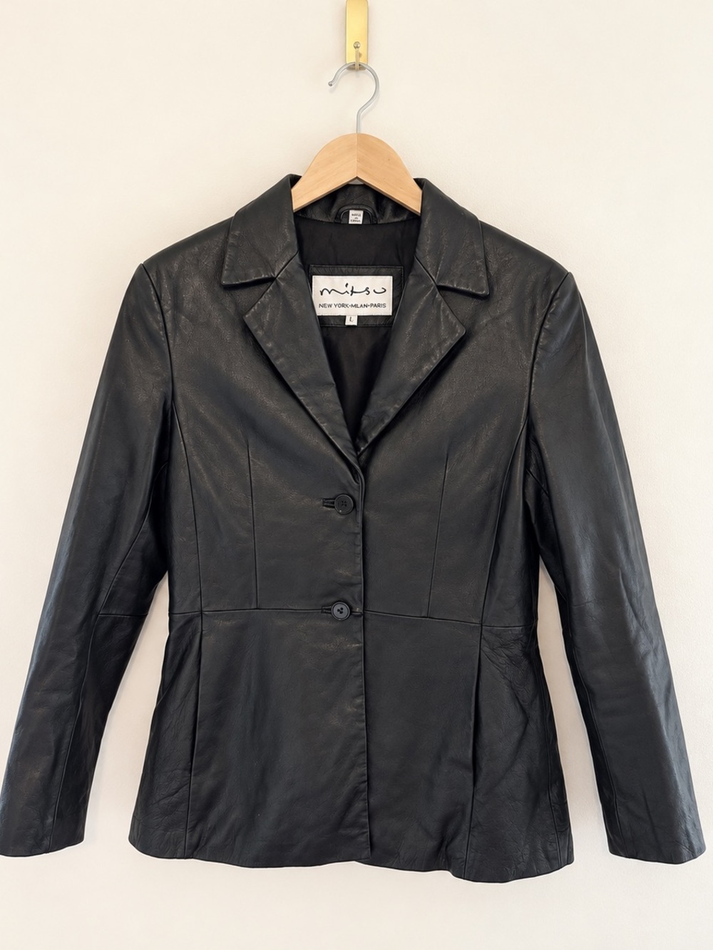 Mitsu Black Genuine Leather Tailored Blazer Jacket Size L